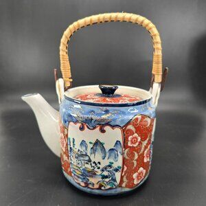 Vintage Japanese Imari Teapot With Bamboo Handle & Scenic Red Blue Floral JE410